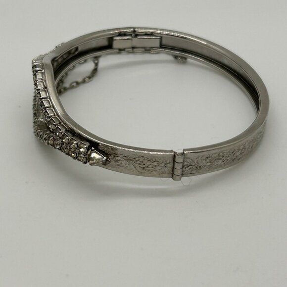 Vintage Silver-Tone Hinged Bangle Bracelet With Rhinestone Accents & Safety Chai - Picture 2 of 13
